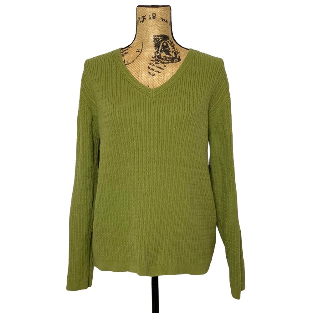 Liz Claiborne Green Striped V-Neck Long Sleeve Sweater 1X